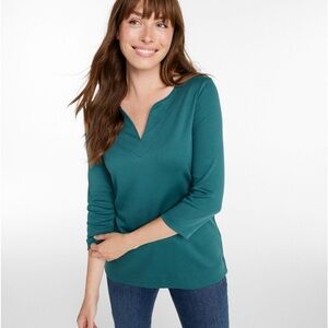 NWT Women's Pima Cotton Tunic, Three-Quarter-Sleeve Splitneck Teal